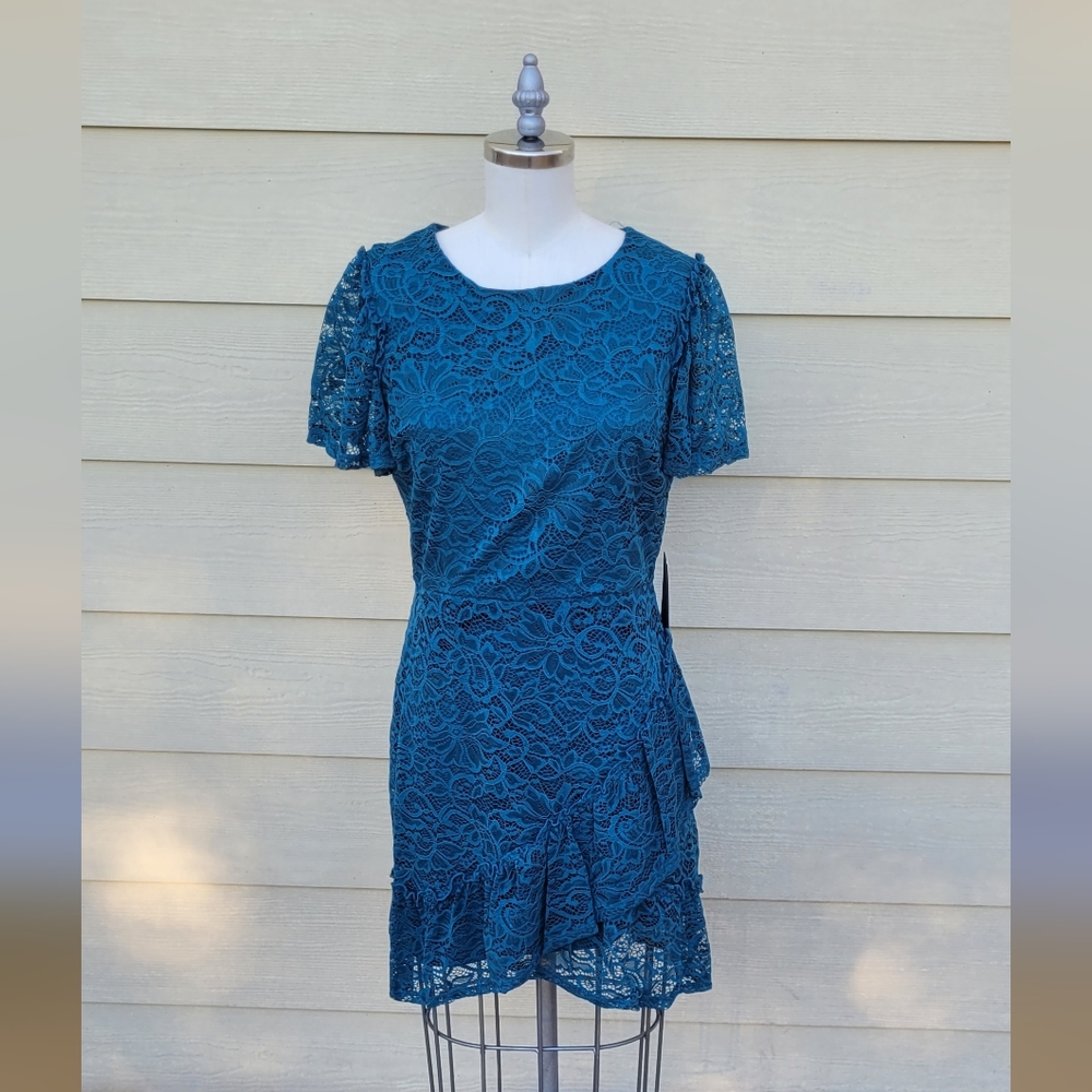 NEW City Vibe teal short sleeve sheath floral lace dress